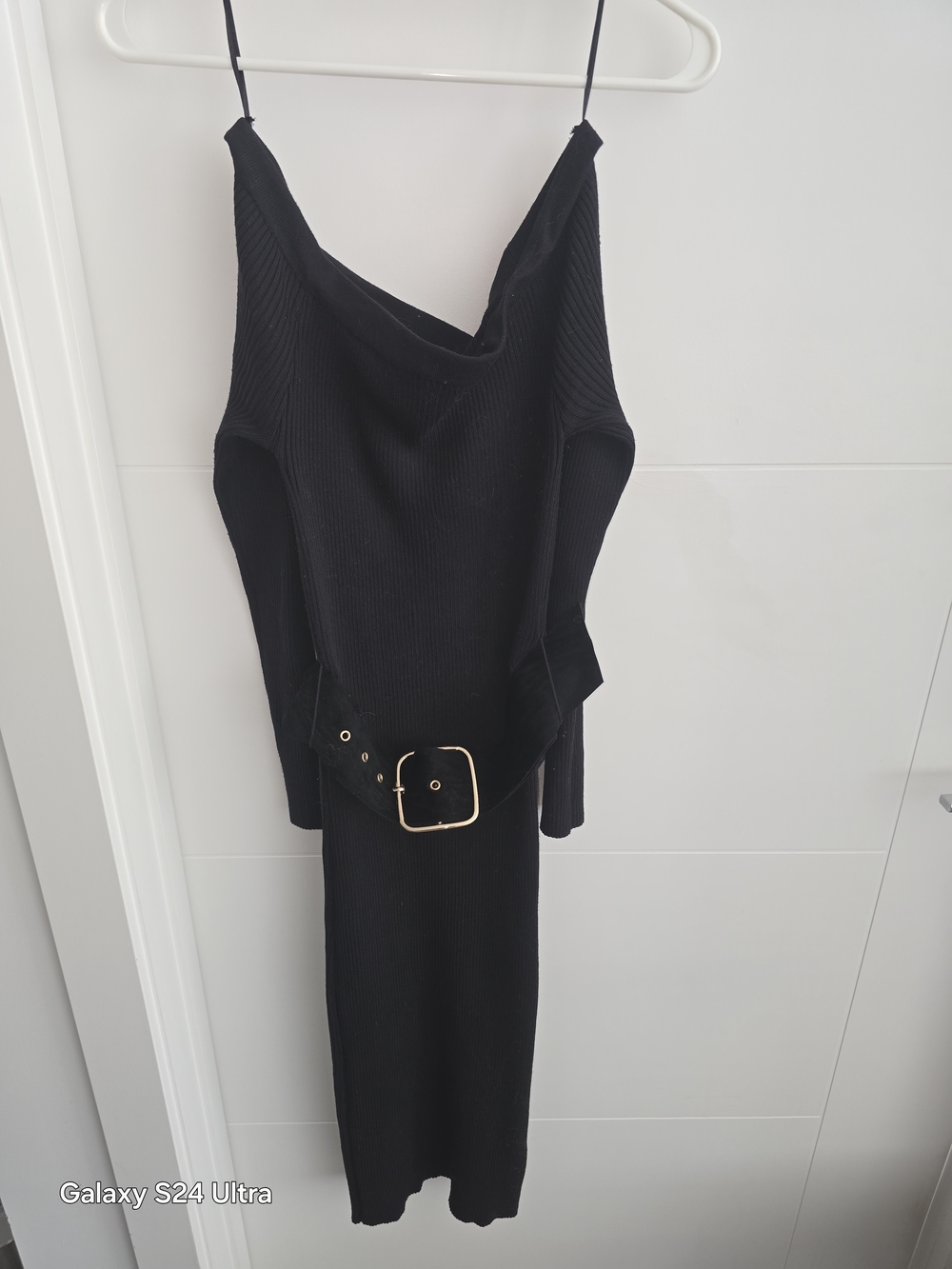 JLUXLABEL Black Ribbed Cowl Neck Midi Dress with Gold Buckle Belt